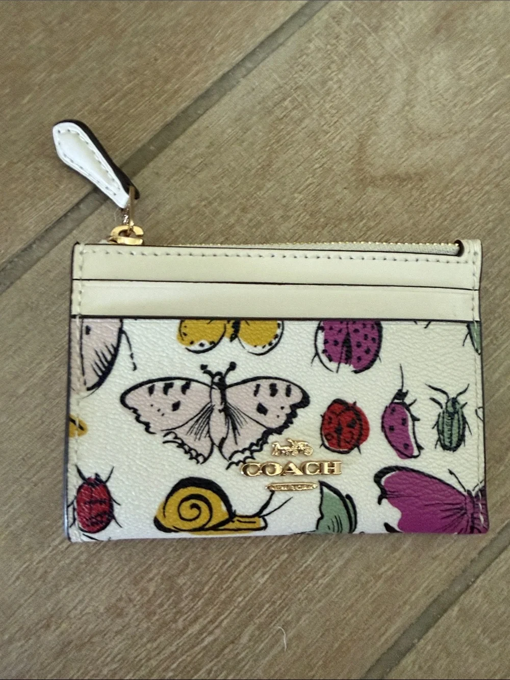 Coach White Leather Butterfly & Bug Print Card Case Keyring CR927